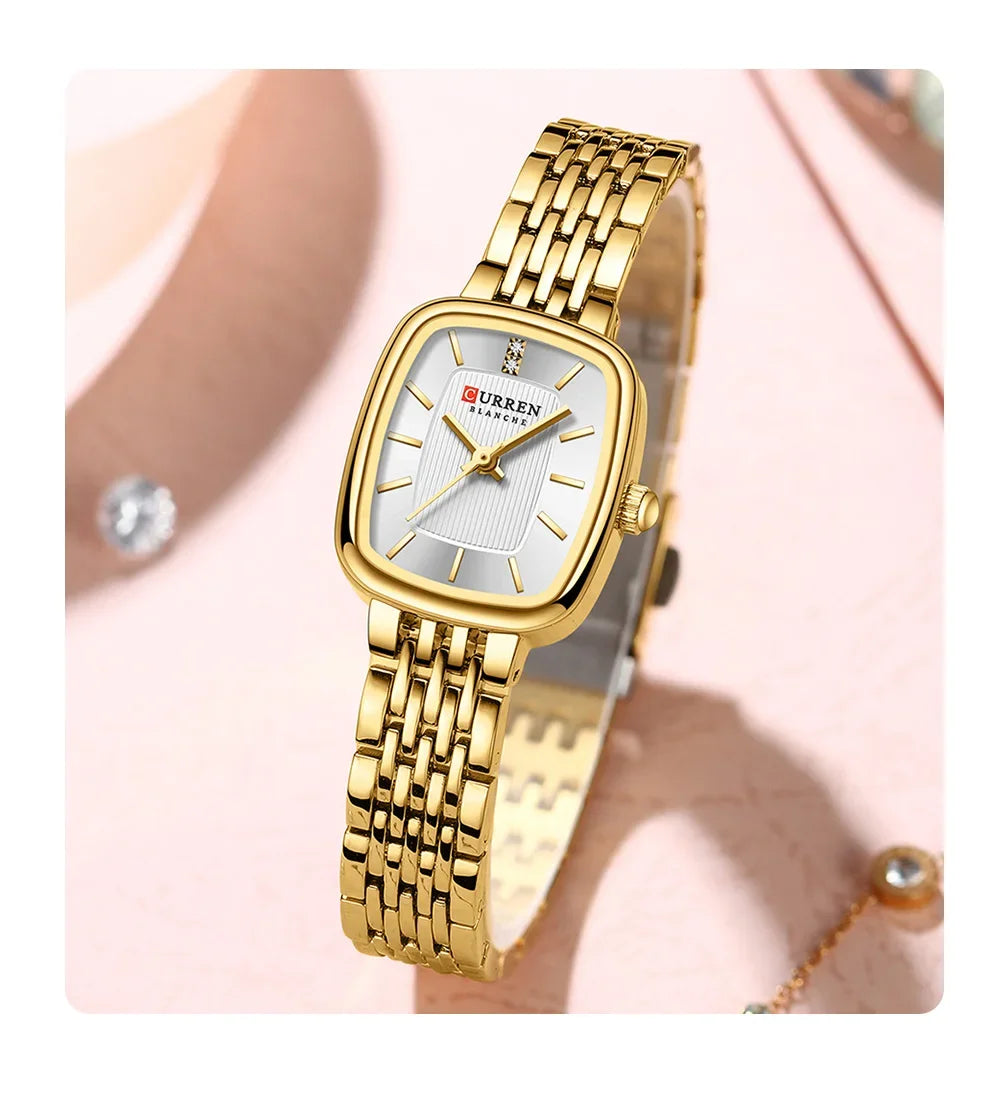 Relógio feminino quadrado dourado em aço inoxidável com calendário