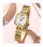 Relógio feminino quadrado dourado em aço inoxidável com calendário
