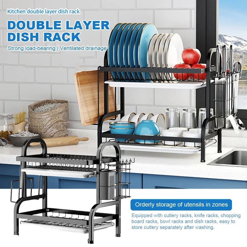 2-Tier Dish Drying Rack Adjustable Kitchen Plates Organizer with Drainboard Over Sink Countertop Cutlery Storage Holder