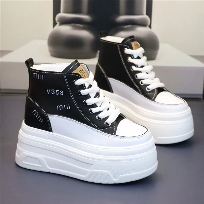 High Top Fashion Sneakers White Chunky Platform Wedge Shoes 12cm 14cm Height Increased Woman Sports Casual Shoe Tennis Female