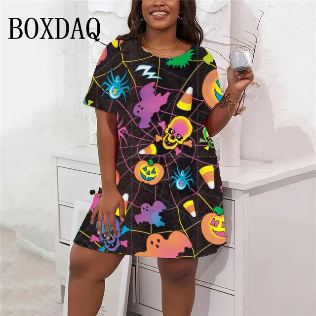 Vestido casual feminino de manga curta solto em linha A, mini vestidos para festa de Halloween, roupas plus size, moda verão e outono, 8XL, 9XL