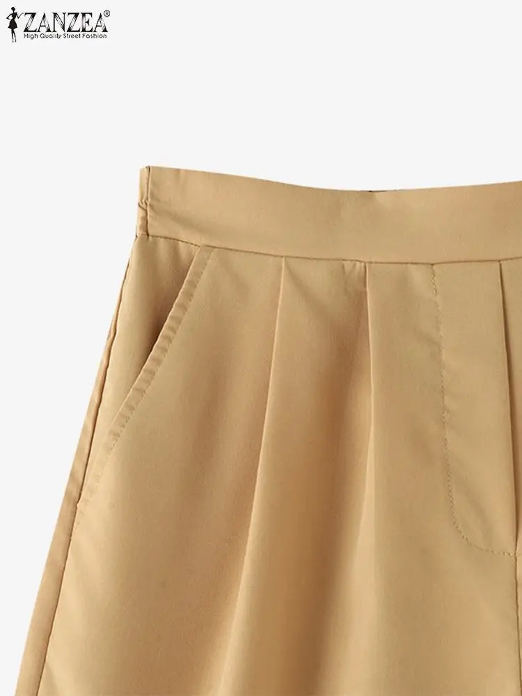 ZANZEA Women Elastic Waist Shorts Korean Solid Wide Leg Trousers 2024 Summer Casual Loose Pants Holiday Pleated Pockets Shorts
