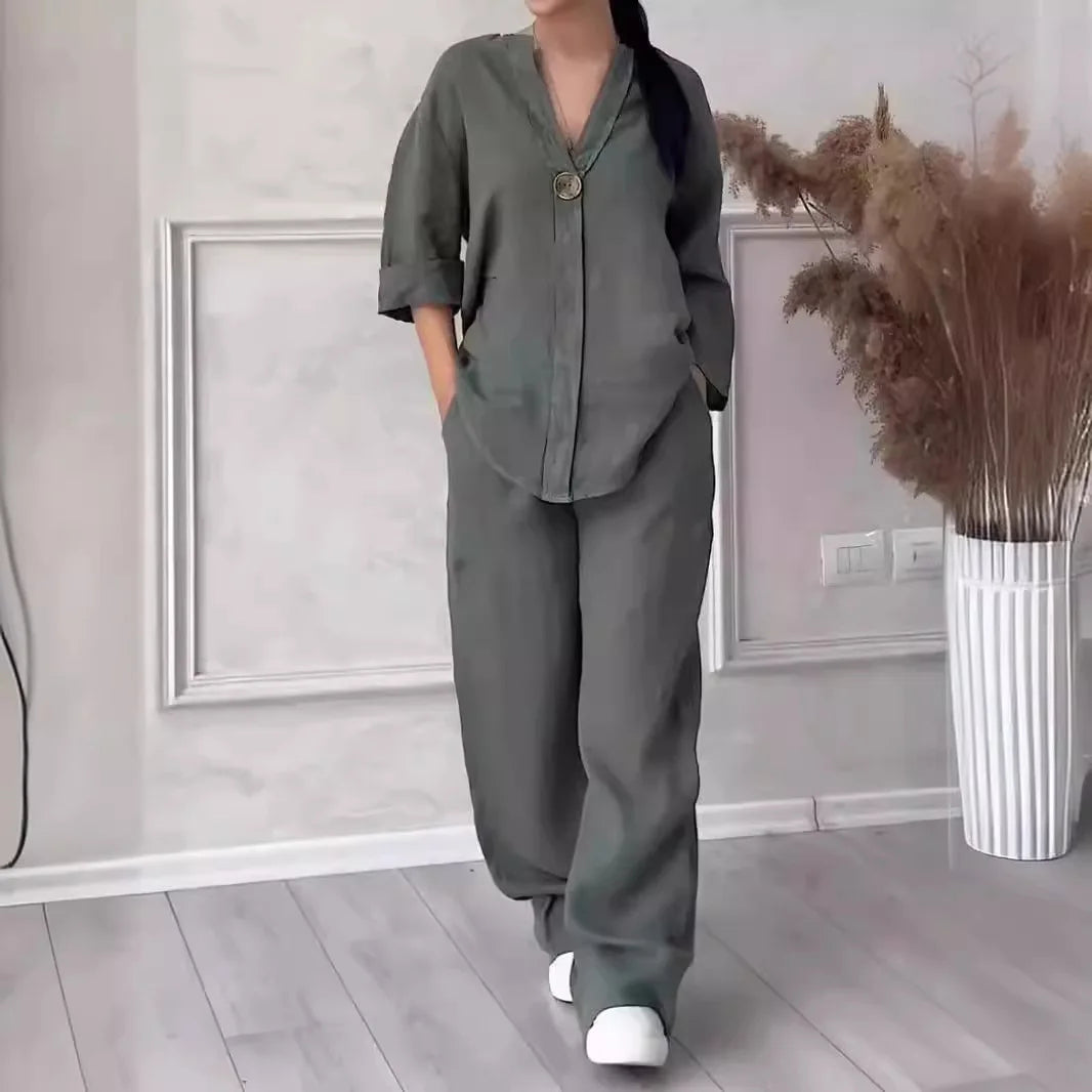 Cotton Linen Sets Two 2 Pieces Sale Casual Long Sleeve Button Loose Blouse Shirt & High Elastic Wide Leg Loose Pant Suits NMD-3021