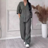 Cotton Linen Sets Two 2 Pieces Sale Casual Long Sleeve Button Loose Blouse Shirt & High Elastic Wide Leg Loose Pant Suits NMD-3021