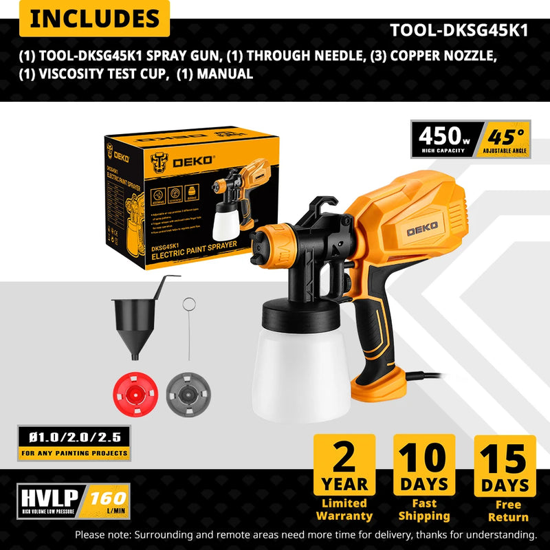 DEKO Spray Gun, 20V/220V High Power Home Electric Paint Sprayer, NO battery 3 Nozzle Easy Spraying Clean Perfect for Beginner