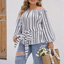 Fairyshely 2025 Spring Stripe Print Plus Size Top Women Long Sleeve Large Pullover T-shirt Lady Off Shoulder Casual Curvy Tops