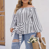 Fairyshely 2025 Spring Stripe Print Plus Size Top Women Long Sleeve Large Pullover T-shirt Lady Off Shoulder Casual Curvy Tops