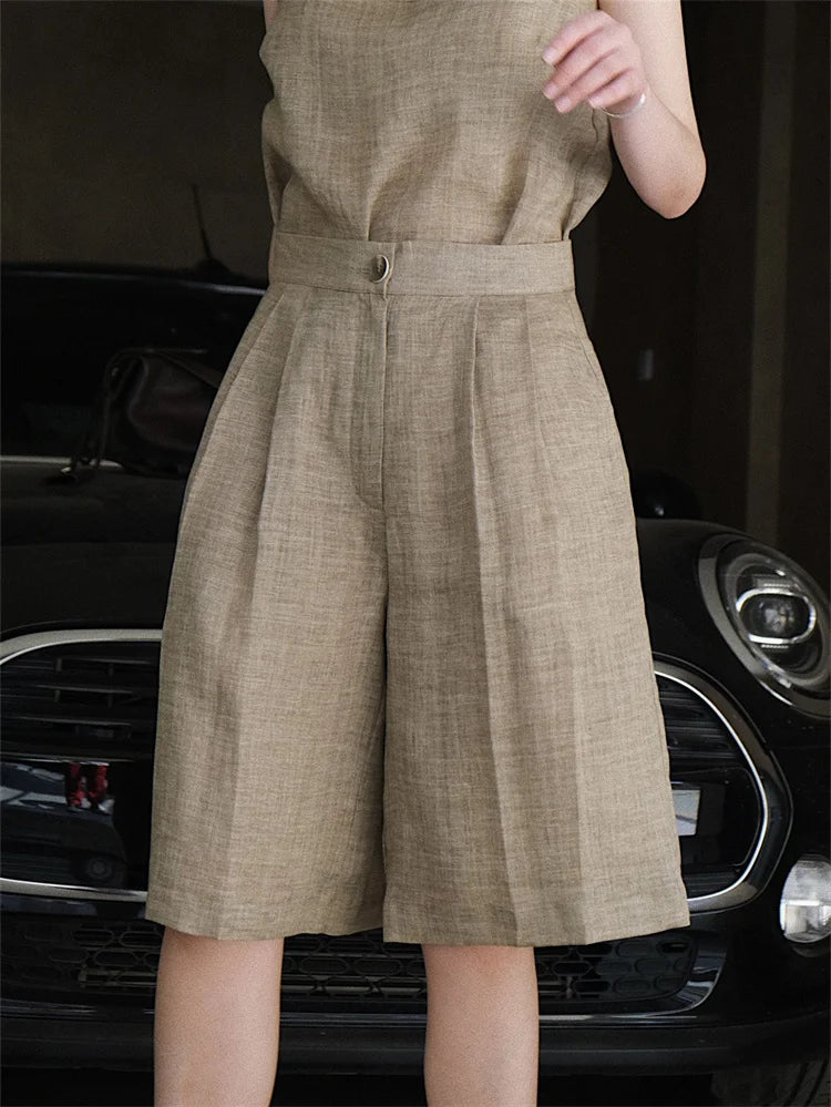 HanOrange 2024 Summer Lazy Linen Casual Knee Length Pants Women Loose Thin Anti-transparent A-line Profile Five Cents Trousers