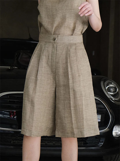 HanOrange 2024 Summer Lazy Linen Casual Knee Length Pants Women Loose Thin Anti-transparent A-line Profile Five Cents Trousers