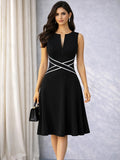 Womens Sleeveless Elegant Summer Work Office A-Line Vintage Front Zipper Business Casual Party Slim Fit And Flare Swing Dress