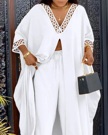 Contrast Lace High Slit Longline Top & Pants Set Women Solid Color Spring Summer Clothing Suit Blouse Tops High Waist Pants