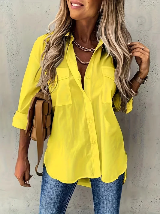 Camisa de mujer de talla grande 1XL-5XL de color liso con solapa y bolsillo decorativo, informal, holgada y sencilla, de manga larga