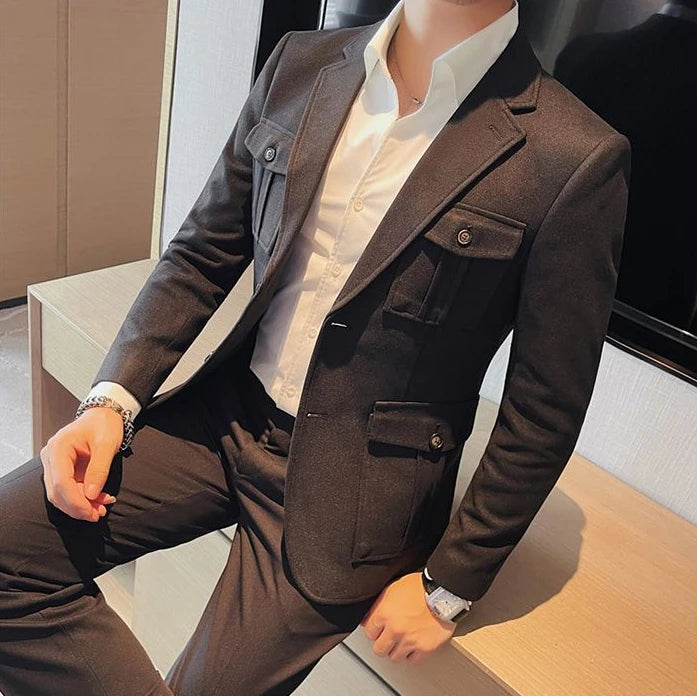 Chaqueta de traje de tweed para hombre, blazer de un solo pecho, gris, moda 2024, abrigo de diseñador de lujo para hombre, ropa de estilo coreano informal