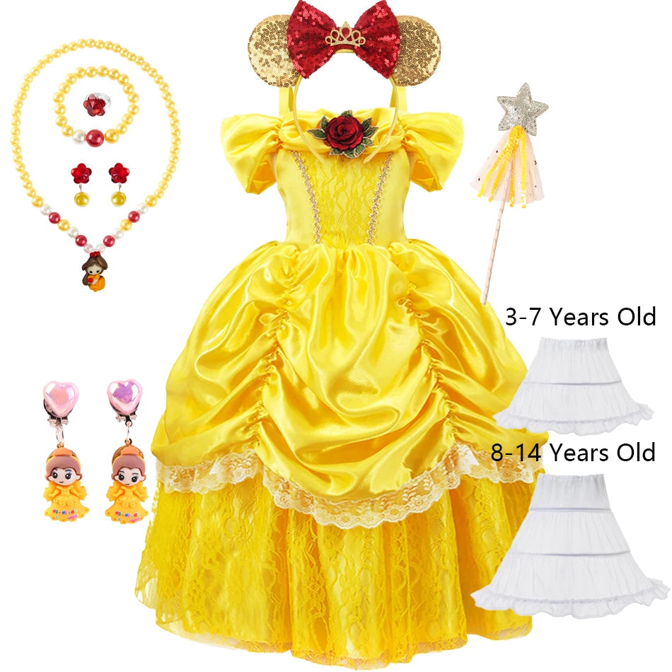 Kids Belle Cosplay Party Princess Dress Beauty Beast Princess Clothes Halloween Event Festival Party Flowers Print Costume
