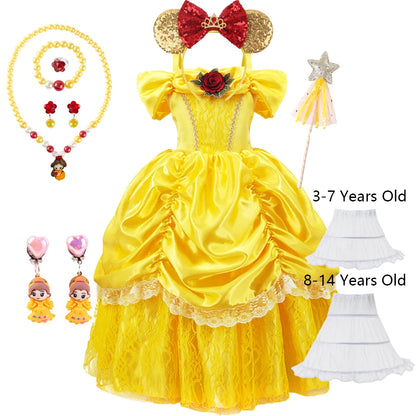 Kids Belle Cosplay Party Princess Dress Beauty Beast Princess Clothes  Halloween Event Festival Party Flowers Print Costume