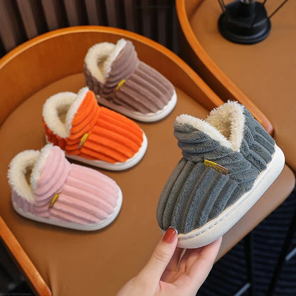 New Winter Concise Stripe Plush Slippers Children's Non-slip Soft Sole Kids Boys Girls Heel Wrap Warm High Home Cotton Shoes