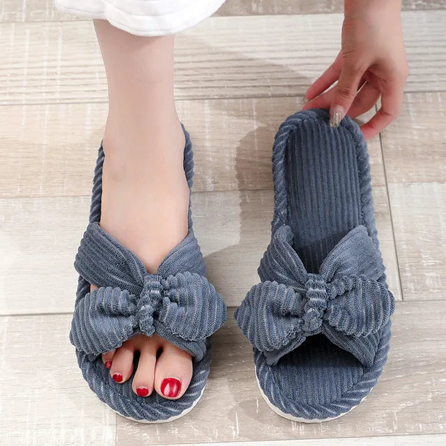 Women's Velvet Slippers With Bow Living Room Soft Casual Autumn Winter Slippers Silent Light EVA Non-slip Herringbone Slippers 
