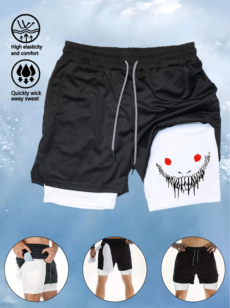 Men's 2-in-1 Fitness Training Sports Running Shorts Double Layer with Pocket Quick Dry Breathable Adjustable Drawstring Belt