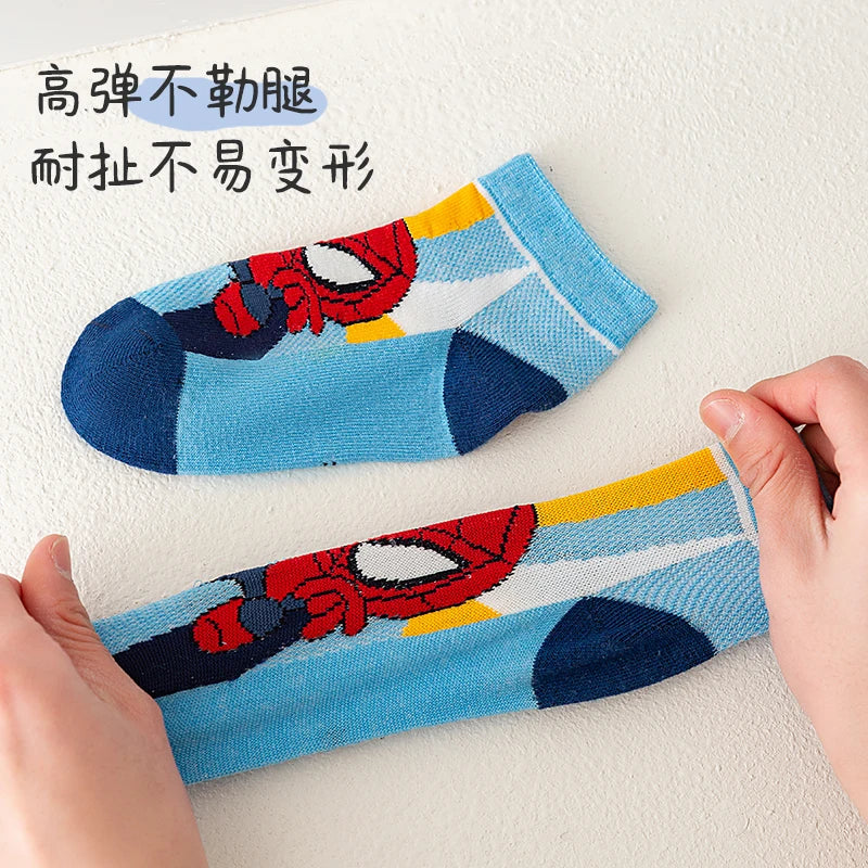 5 Pairs Children Socks Spider-Man Kids Boys Short Socks Iron Man Captain America Cartoon Baby Summer Spring Mesh Socks 1-12Y