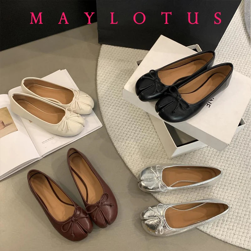 Spring Women Flat Split Toe Shoes with Bow Soft Leather Bow Tie Front Shallow Slip On Girls Tabi Shoes Flats Ballet Shoes