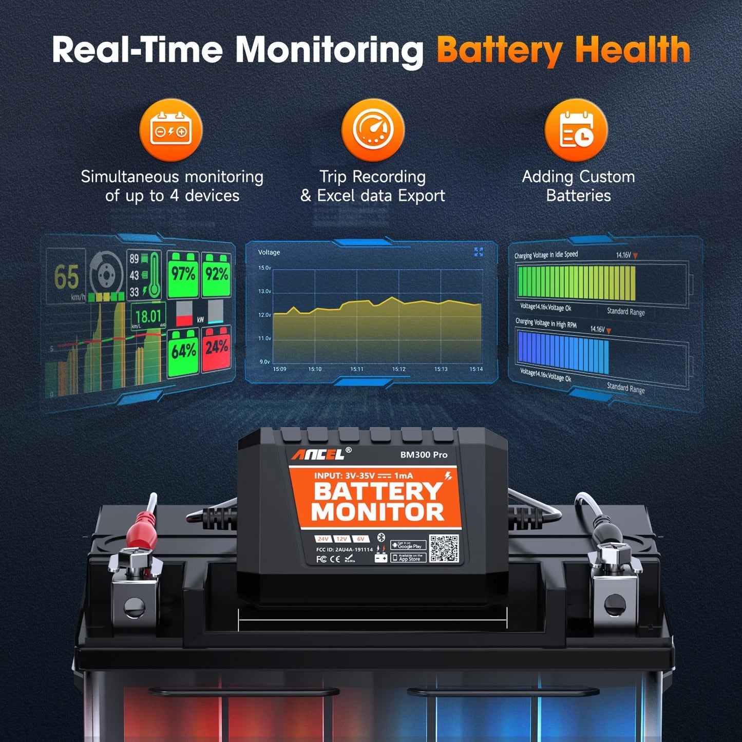 2024 New ANCEL BM300 Pro 6V/24V/12V Battery Tester Battery Monitor SOC Battery Health Analyzer Tool IOS Andoird