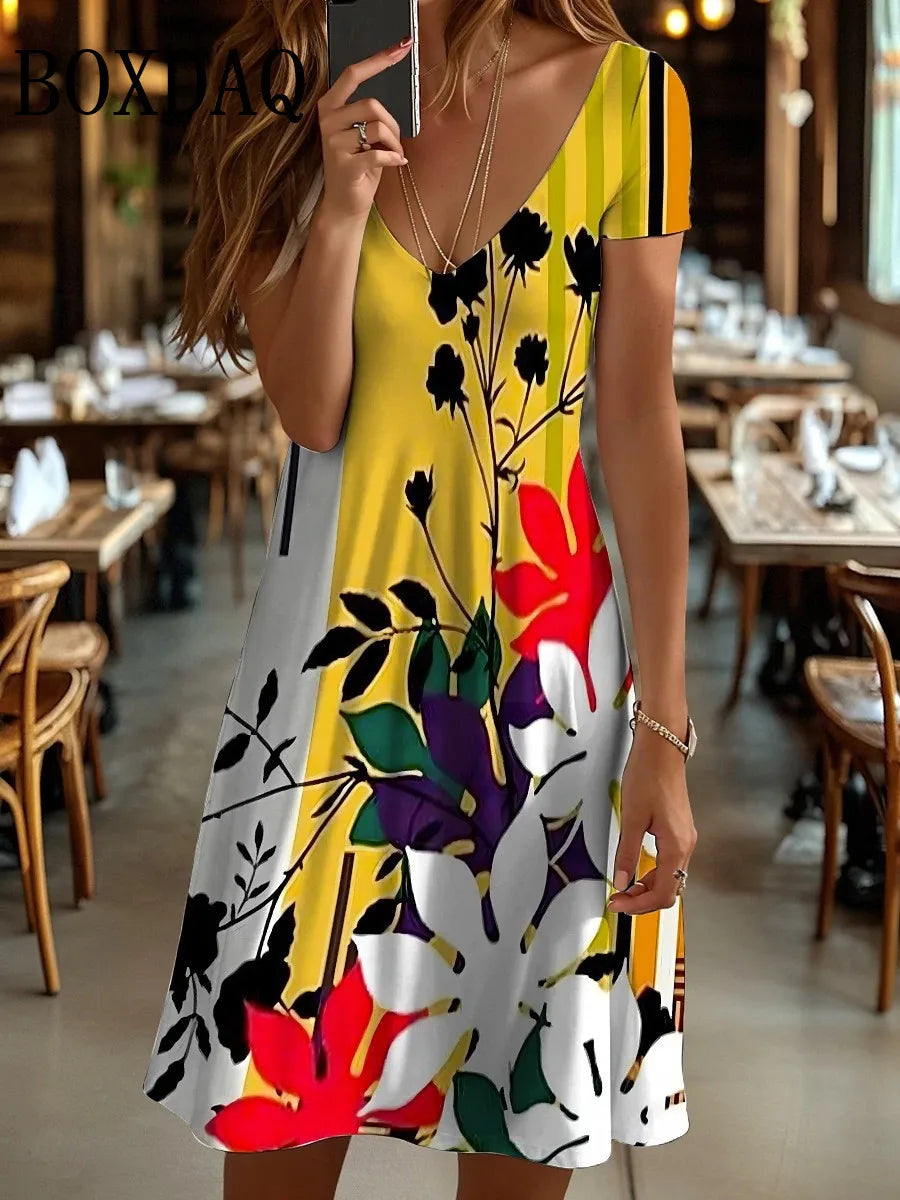 Casual Plant Flower 3D Print Dresses For Women 2025 Summer Retro Short Sleeve V-Neck Midi Dress Fashion Loose Plus Size Clothing