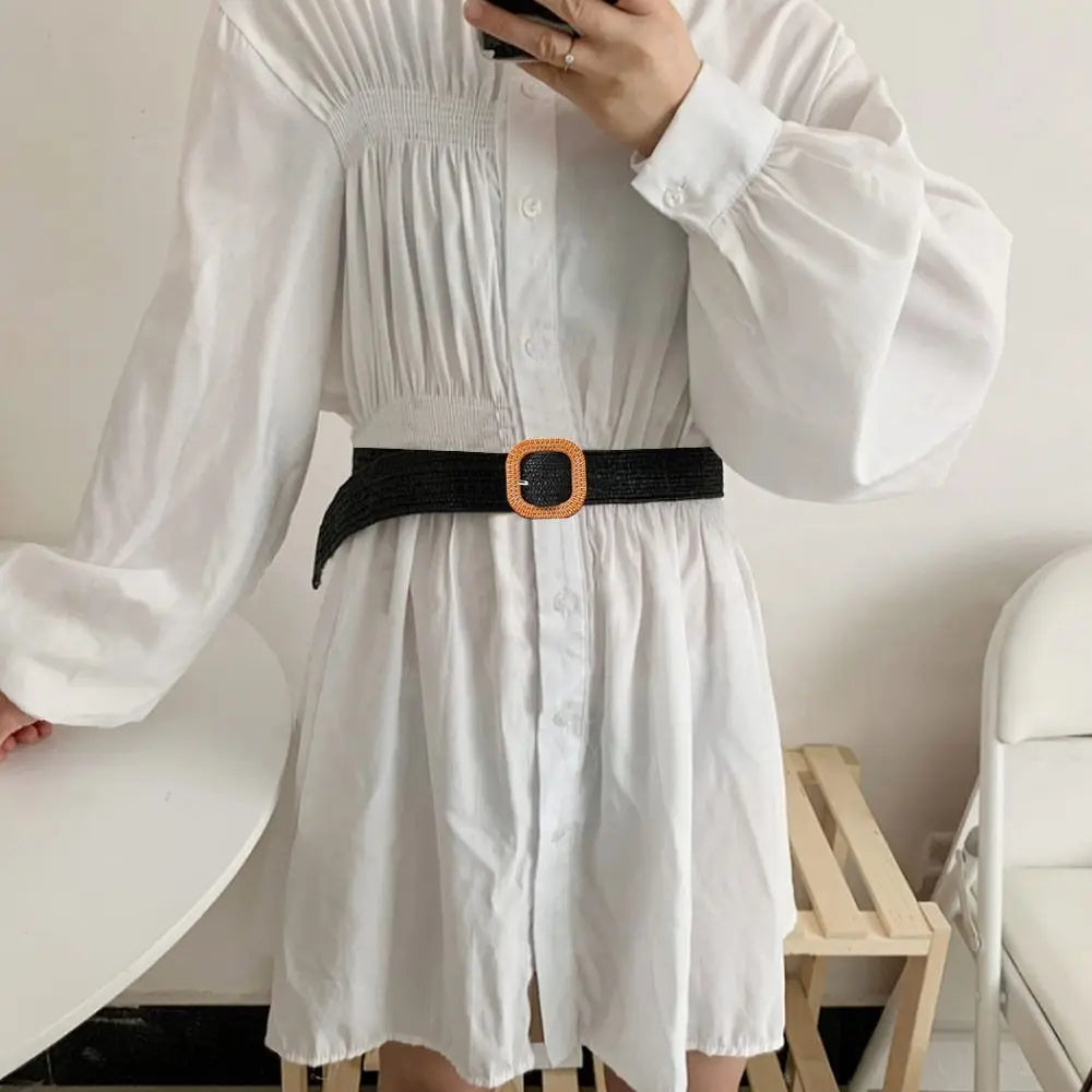 Bohemian Braided Belts for Women Summer Patchwork Straw Woven Belt Wide Waistband Fashion Female Square Buckle Waist Belt