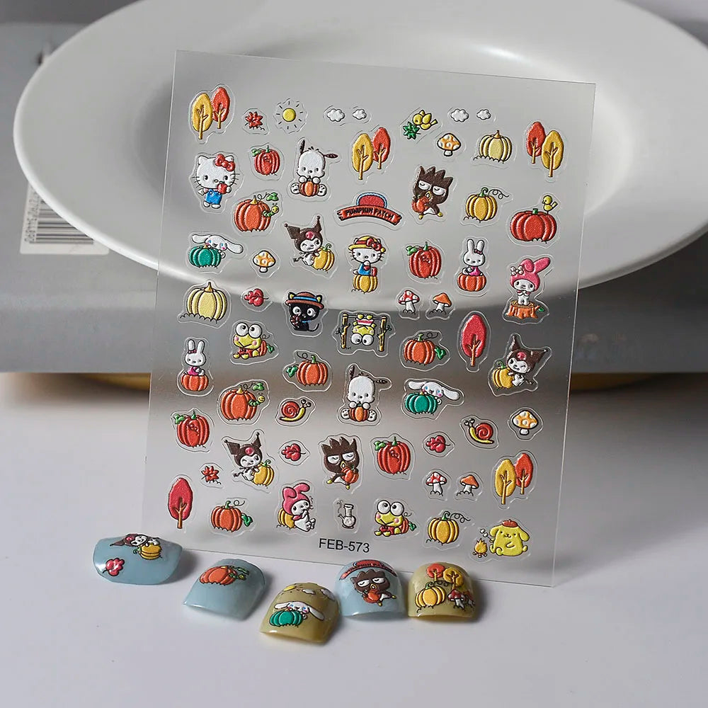 Sanrio Anime 5D Nail Stickers Hello Kitty Kurome Cartoon Stickers Nail Decoration Cute Melody Nail Art Decals Nail Art Supplies