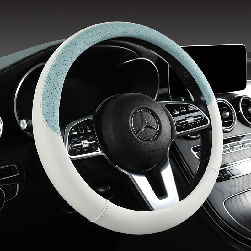 Perforated Nappa Leather Car Steering Wheel Cover Warm in Winter and Cool in Summer, Universal 15 Inch,  Anti-Slip, Odorless