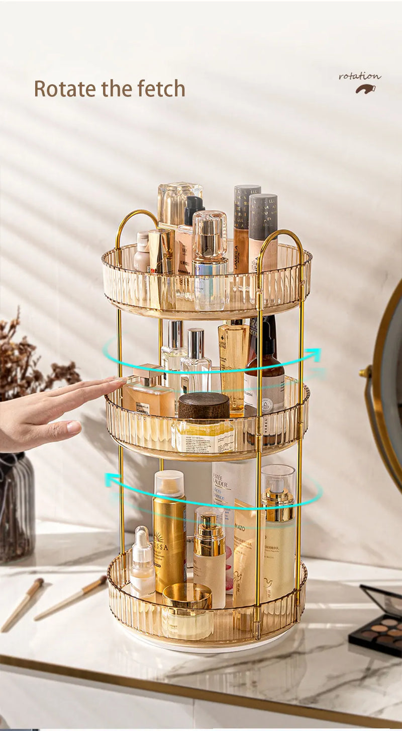 Organizador de maquillaje giratorio para tocador, organizador de 3 niveles para el cuidado de la piel, gran espacio de almacenamiento para encimera de baño, soporte transparente para cosméticos, tocador