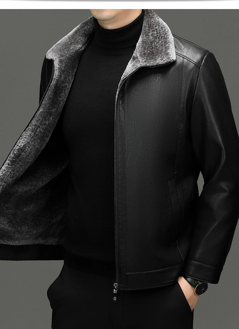 YN-2365 Autumn/Winter Men's Natural Leather Jacket Thickened Fur Integrated Business Casual Top Black Coffee Middle Aged Youth