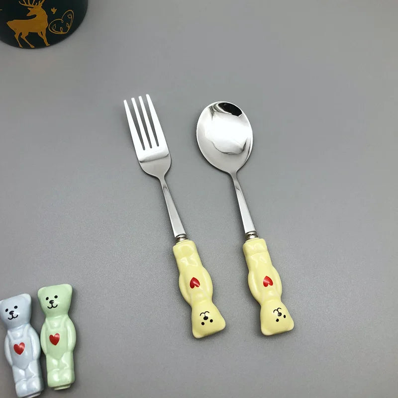 New Cute Bear Spoon Fork Ceramic Dessert Milk Fruit Salad Spoons Cartoon Flatware Kid Cutlery Tableware School Picnic Dinnerware