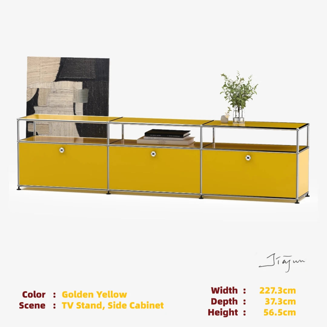 Modern Modular Low TV Cabinet｜3-Tier Sideboard with Drop Doors｜Steel Frame Storage Bench Unit | Minimalist Low Media Console