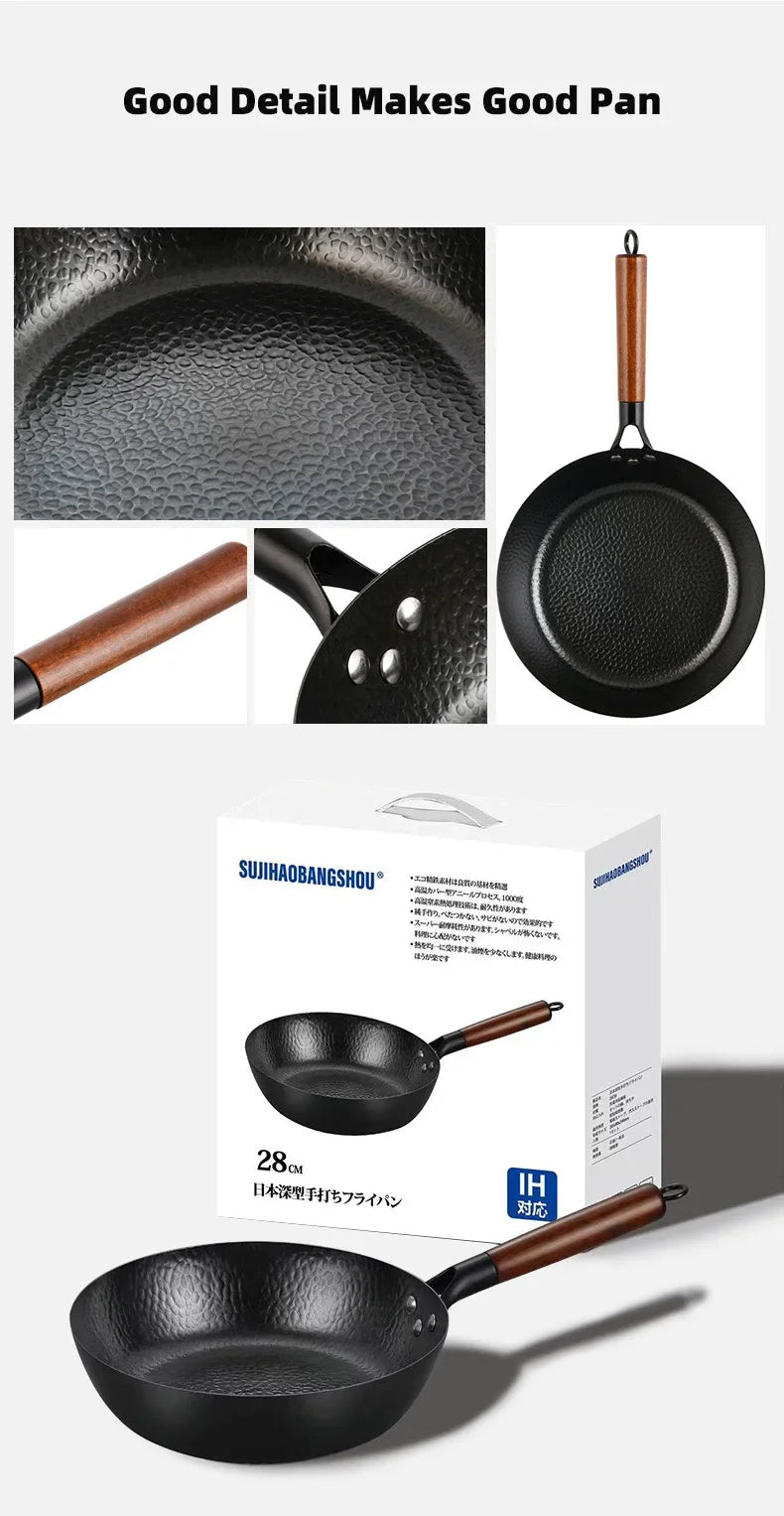 Non-stick 28cm Frying Wok Pan Iron Pan Uncoated Steak Cooking Pot Pancake Pan Handmade Cast Gas Stove Induction Kitchen Cookware