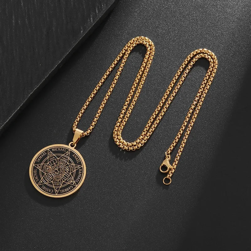 Collar con colgante de brújula de los siete arcángeles de Salomón, de acero inoxidable, estilo retro, amuleto de la suerte para hombre.