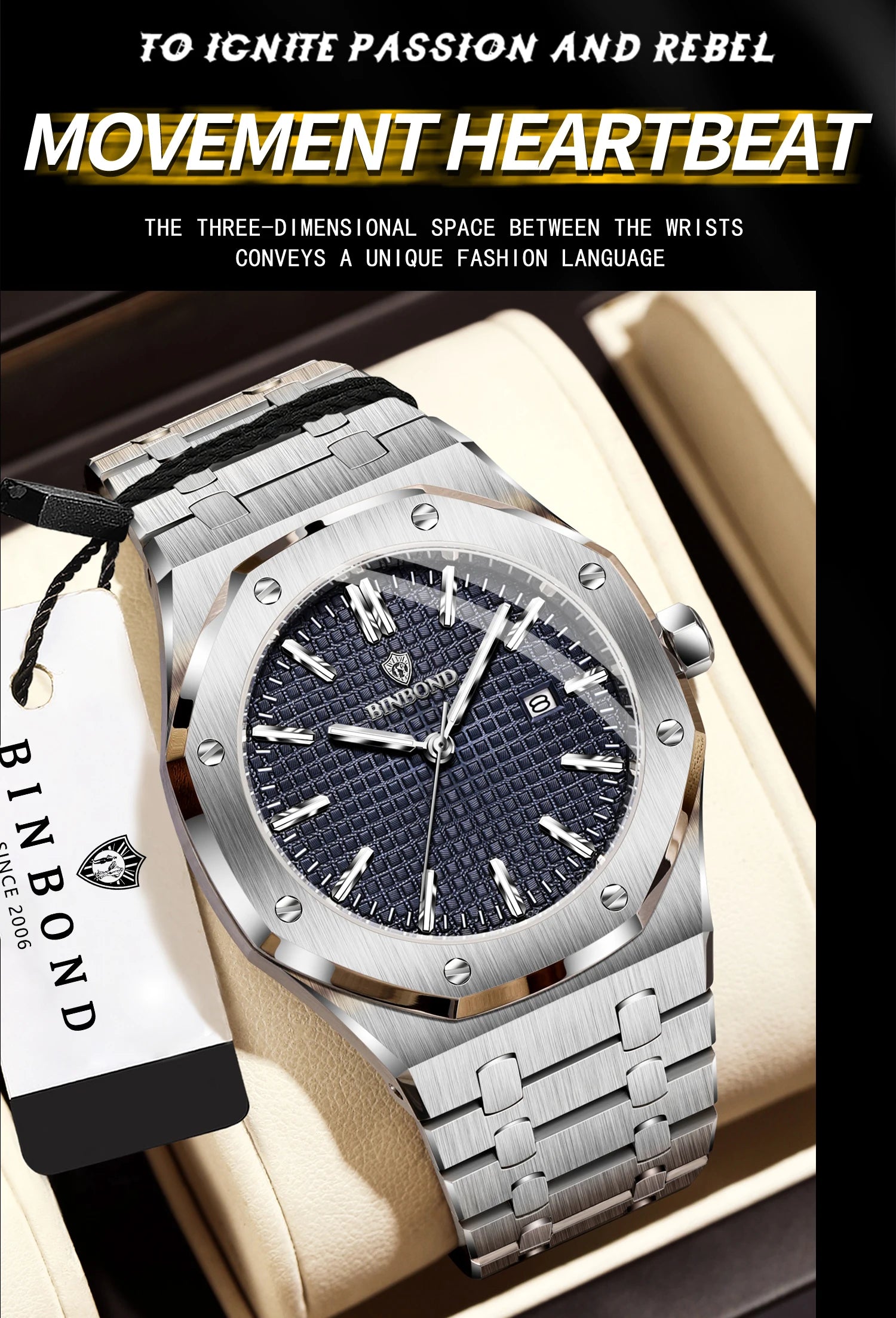 BINBOND Sturdy Stainless Steel Strap Quartz Wristwatches for Men Luxury Luminous Waterproof Auto Date Accurate Men's Watch Reloj