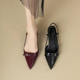 2024 New Summer French Wine Red Pointed Patent Leather Mid-Heel Overhead Sandals for Women Retro Skinny Heel Open-Back Shoes