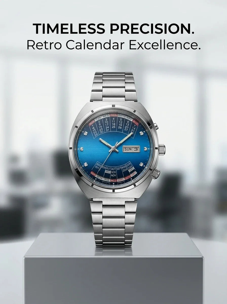 Relógio masculino automático vintage com calendário perpetuo em aço inoxidável