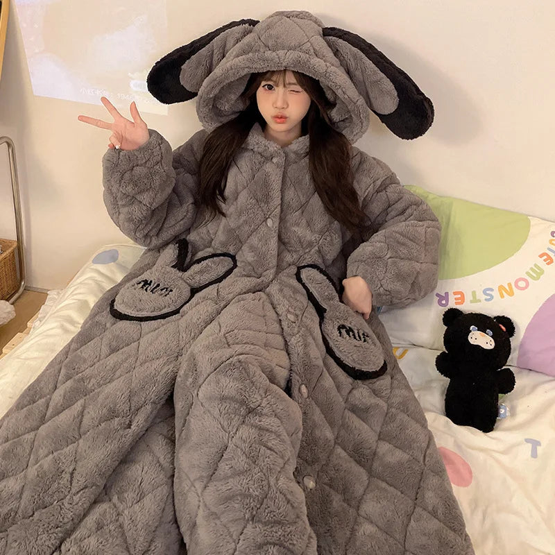 Plus Size Cartoon Coral Fleece Nightgown Pants Two Piece Sets for Women Winter Flannel Thicken Kawaii Bunny Hooded Pajamas Suit
