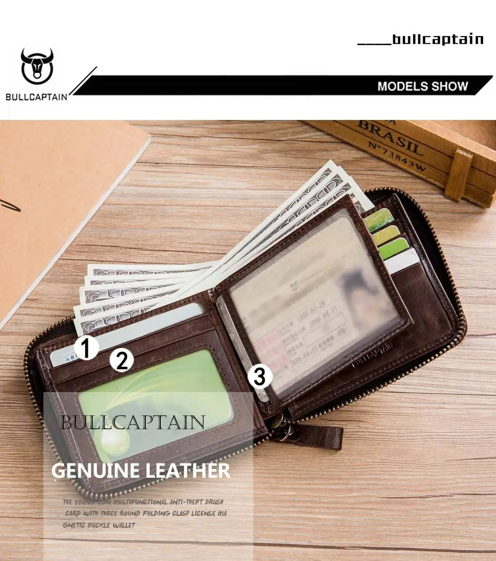 Bullcaptain Genuine Leather Men Short Wallet Casual Men's Coin Purse Vintage Male Zipper Card Holder Luxury Money Bags JYB022