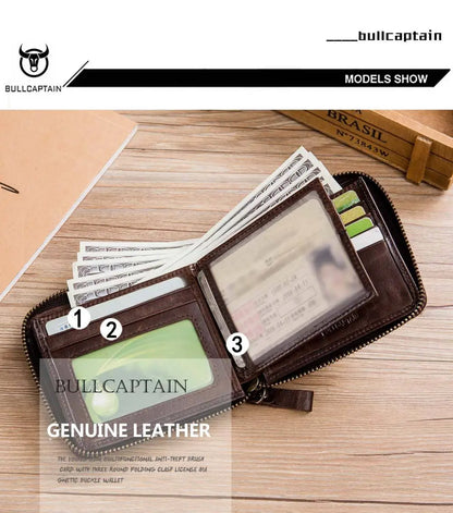 Bullcaptain Genuine Leather Men Short Wallet Casual Men's Coin Purse Vintage Male Zipper Card Holder Luxury Money Bags JYB022