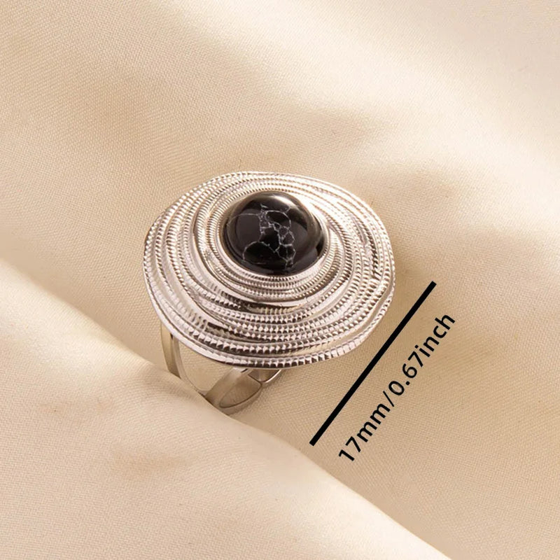 1pc Boho Turquoise Ring Stainless Steel Black Stone Silver Color Adjustable Ring Women Ethnic Ring Bohemian Jewelry Gift No Fade
