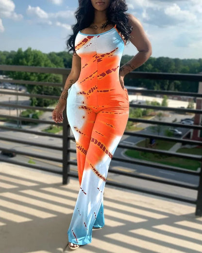 Women's Jumpsuit Summer Fashion Printed Solid Color V-Neck Casual Sleeveless Long Skinny Suspender Jumpsuit