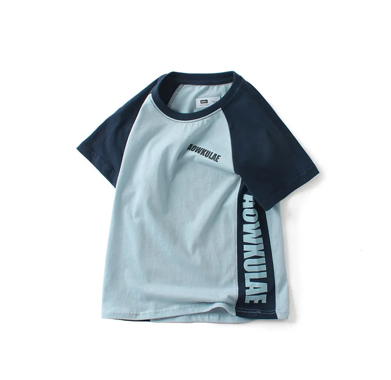 2022 Summer Korean Style Children T-Shirts Fashion Splicing Letter Design Kids Short Sleeve Tops Pure Cotton Children's Clothes