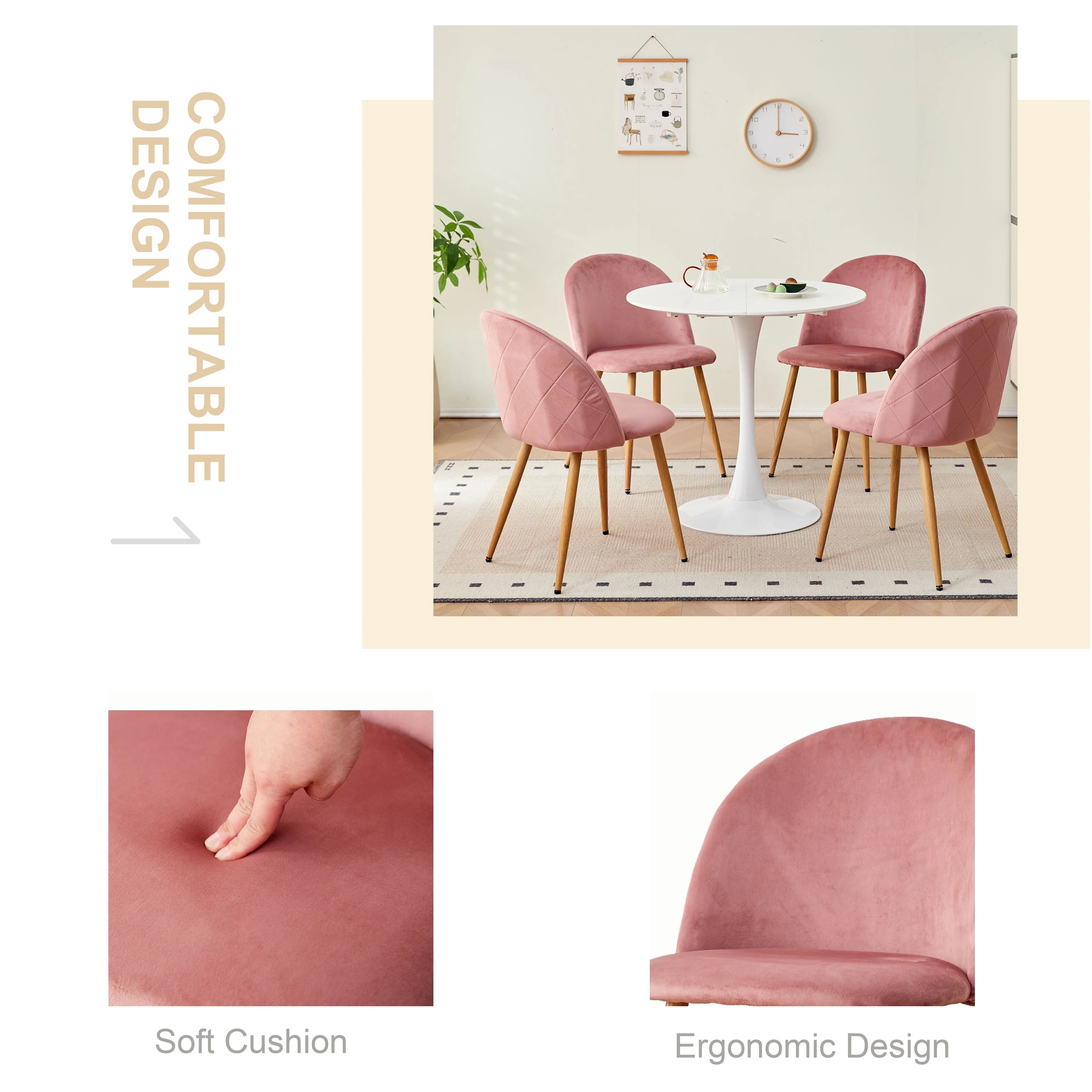 A Set of 4 Dining Chairs With Soft Velvet and Metal Legs, Suitable for Kitchen, Dining Room, Living Room, Lounge (Pink/Green/Blue)