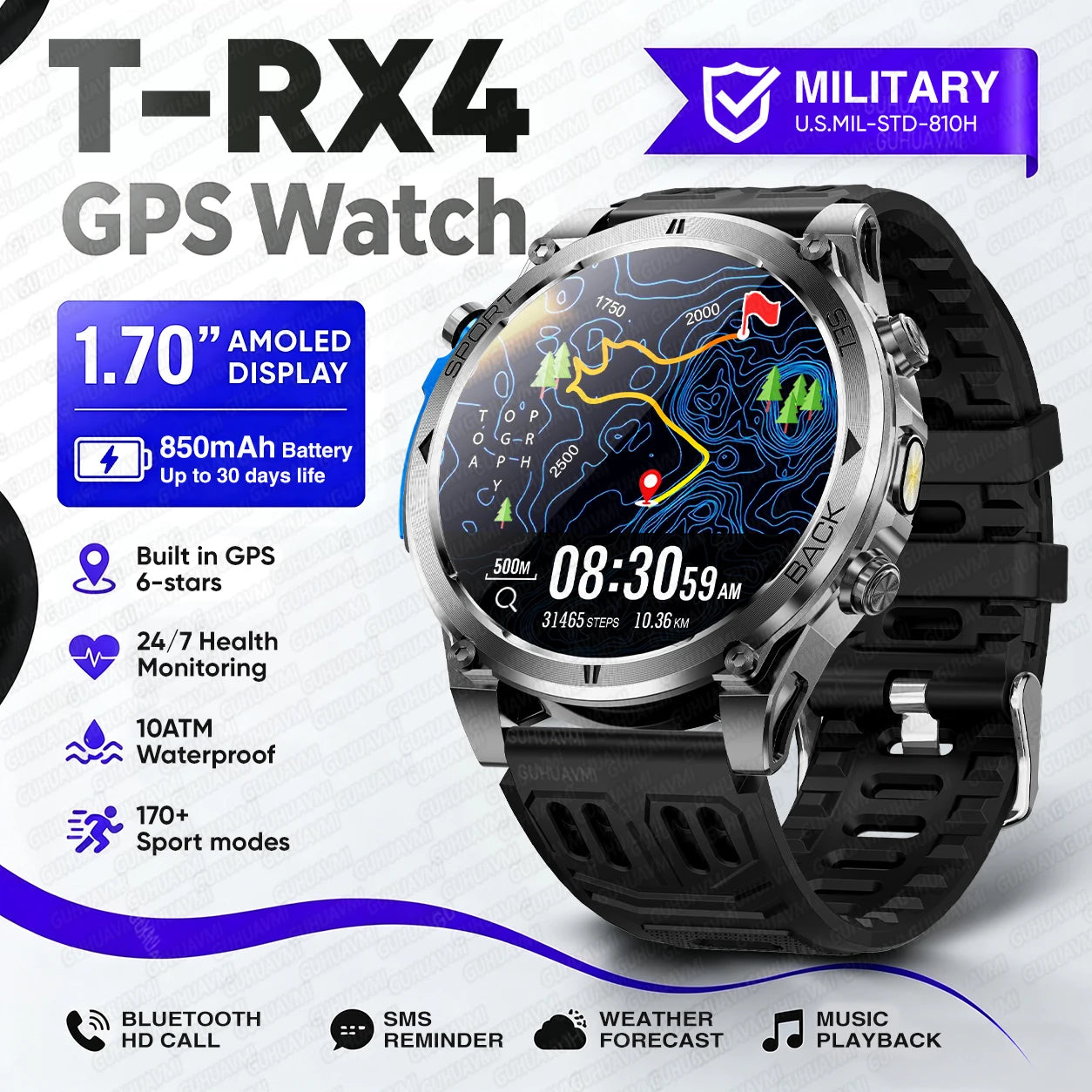 Novo Smartwatch Masculino T-RX4 Ultra GPS 2026 – Posicionamento GPS de 6 satélites, resistência à água 10ATM, bateria de 850mAh, bússola e mais de 170 modos esportivos.
