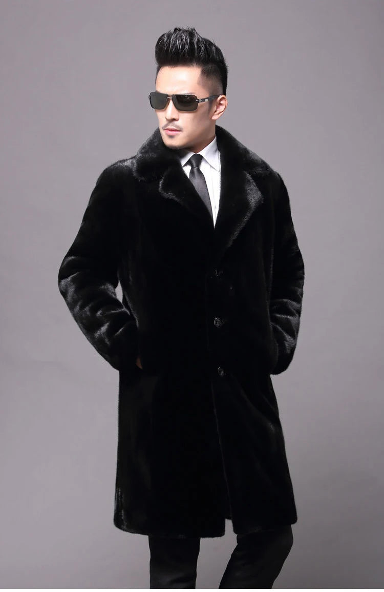Abrigo largo de piel de visón cálido de invierno para hombre, chaqueta gruesa, cortavientos informal holgado