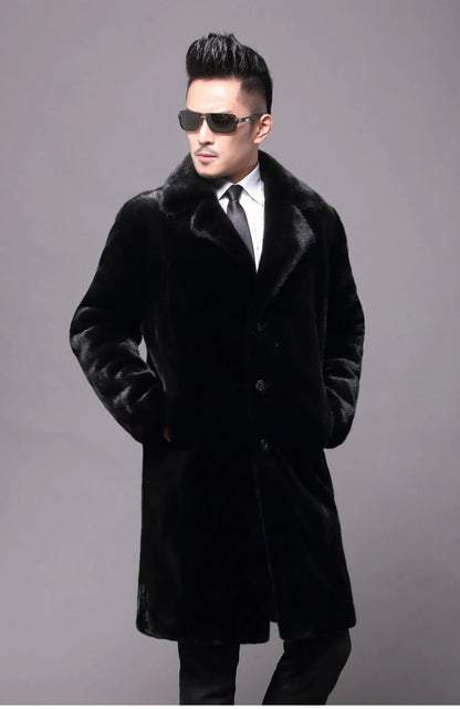 Abrigo largo de piel de visón cálido de invierno para hombre, chaqueta gruesa, cortavientos informal holgado