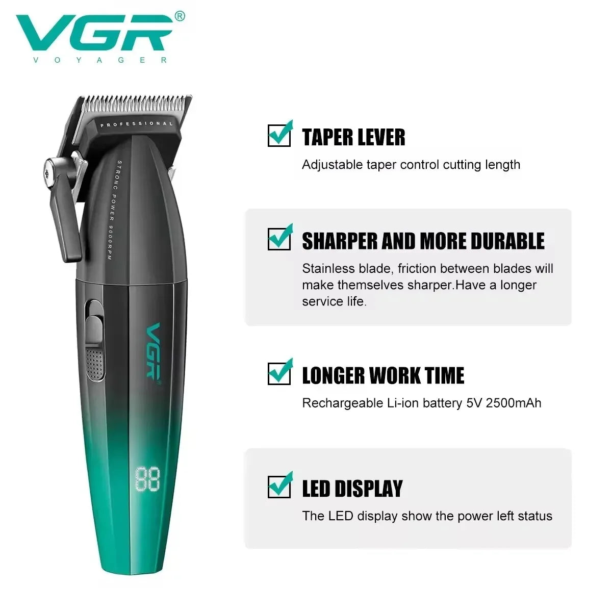VGR Hair Trimmer Professional Barber Cordless Clipper Electric Hair Cutting Machine Metal Hair Trimmer for Men V-003 V-906 V-308