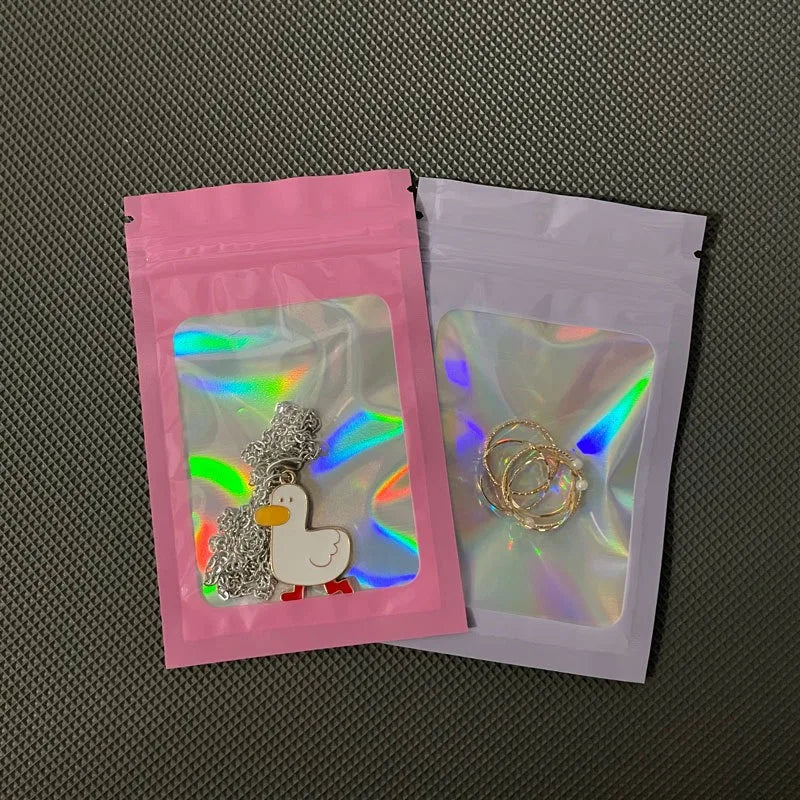 Bolsa de Embalagem Holográfica com Janela Clara para Alimentos, Translúcido, Cheiro à Prova, Mylar, Resealable, Odor Prova, 50Pcs